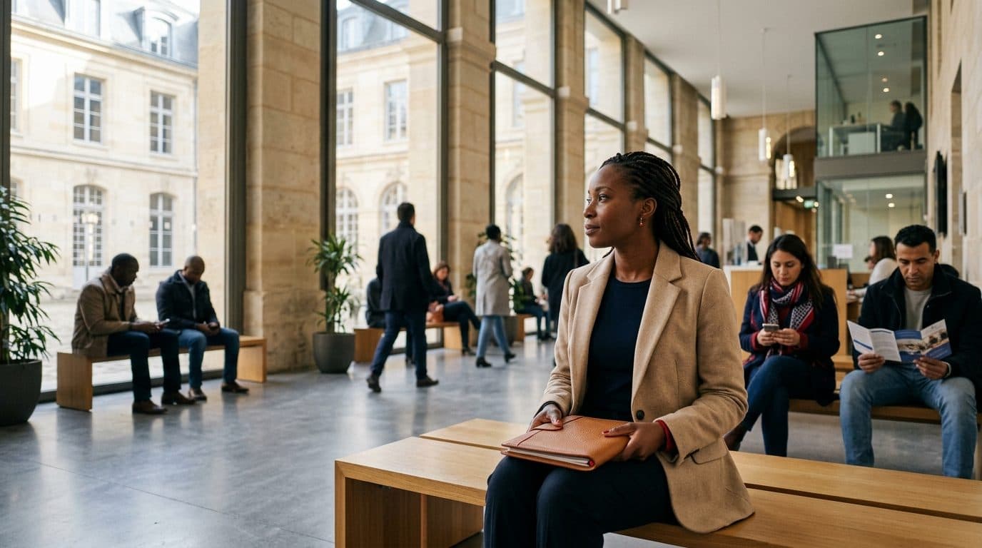 Femme qui attend avec un porte-documents dans le hall lumineux d'une administration française