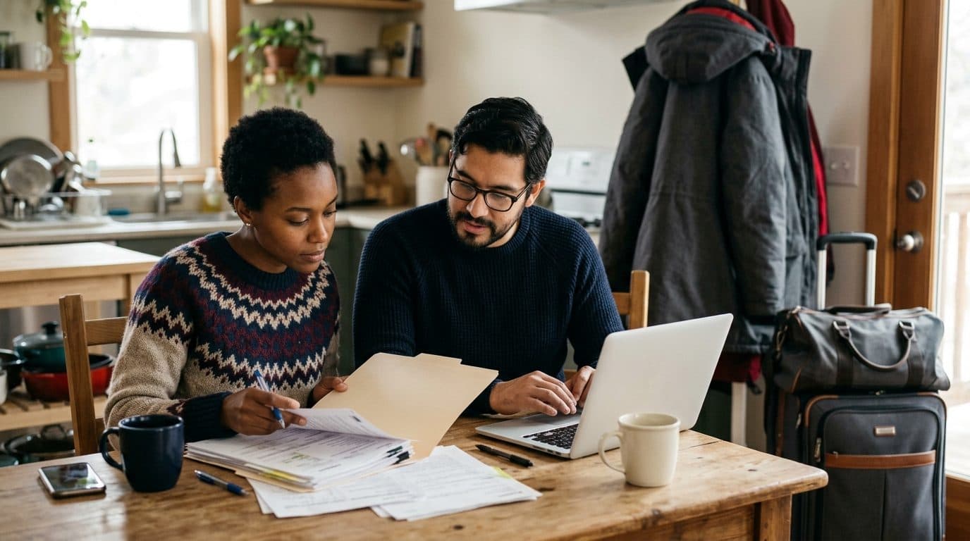 Couple qui prépare son dossier d'immigration à la table de la cuisine, valise à côté