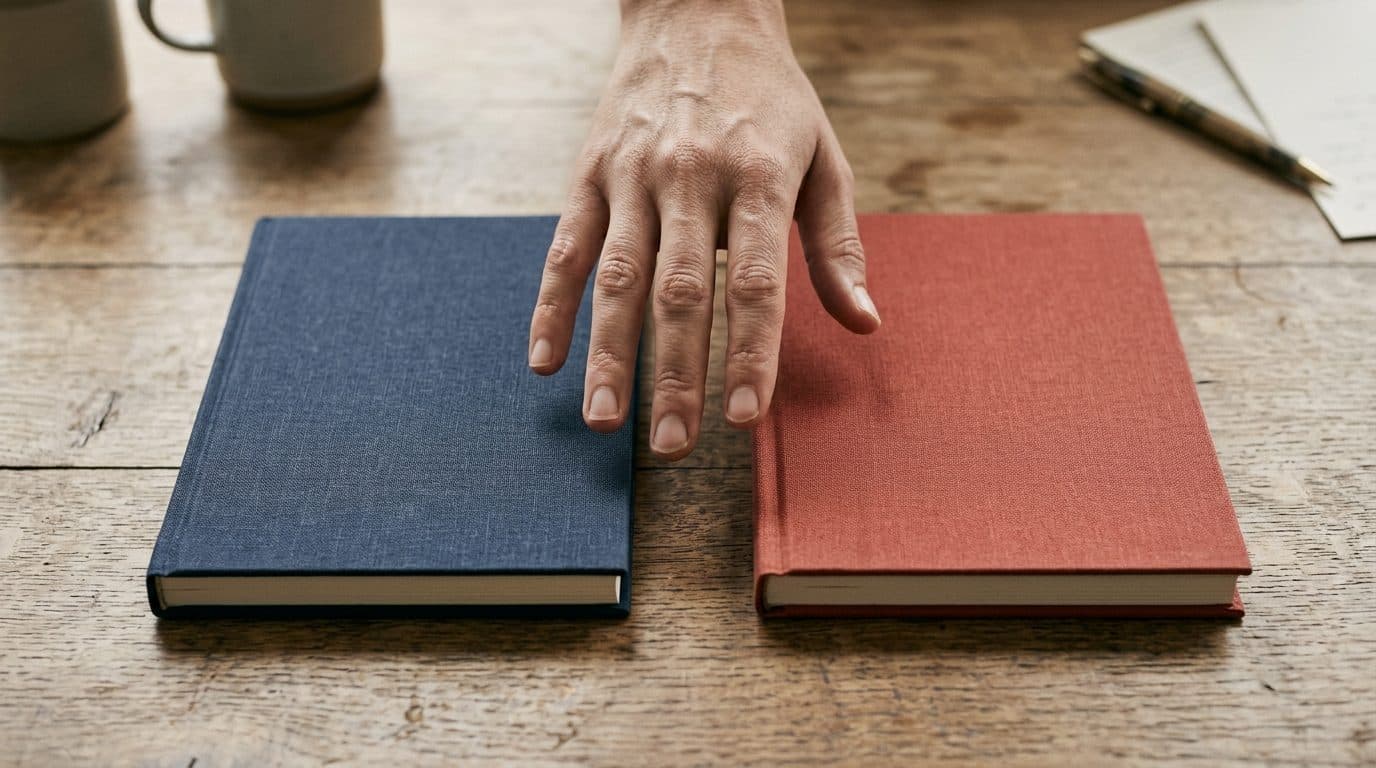 Main posée entre deux livres, l'un bleu marine, l'autre rouge