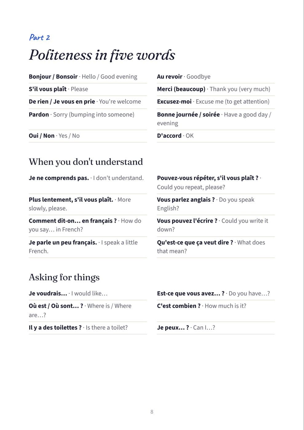 Page 8: Politeness in five words