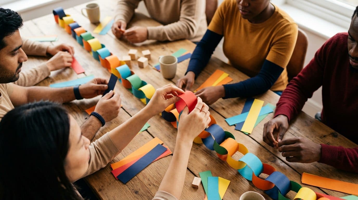 Mains qui assemblent une chaîne de bandes de papier colorées sur une table