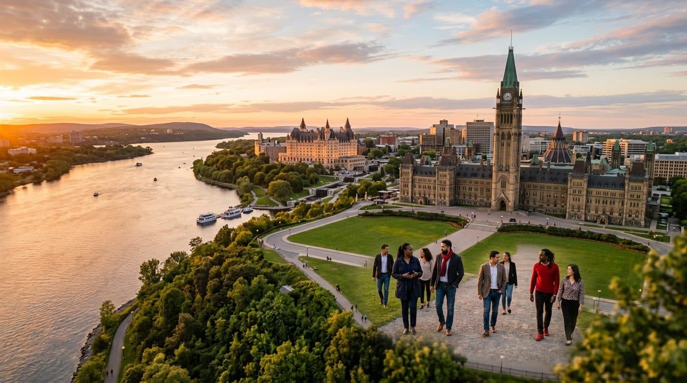Aerial view of Parliament Hill and the Ottawa River at sunset, with a group walking