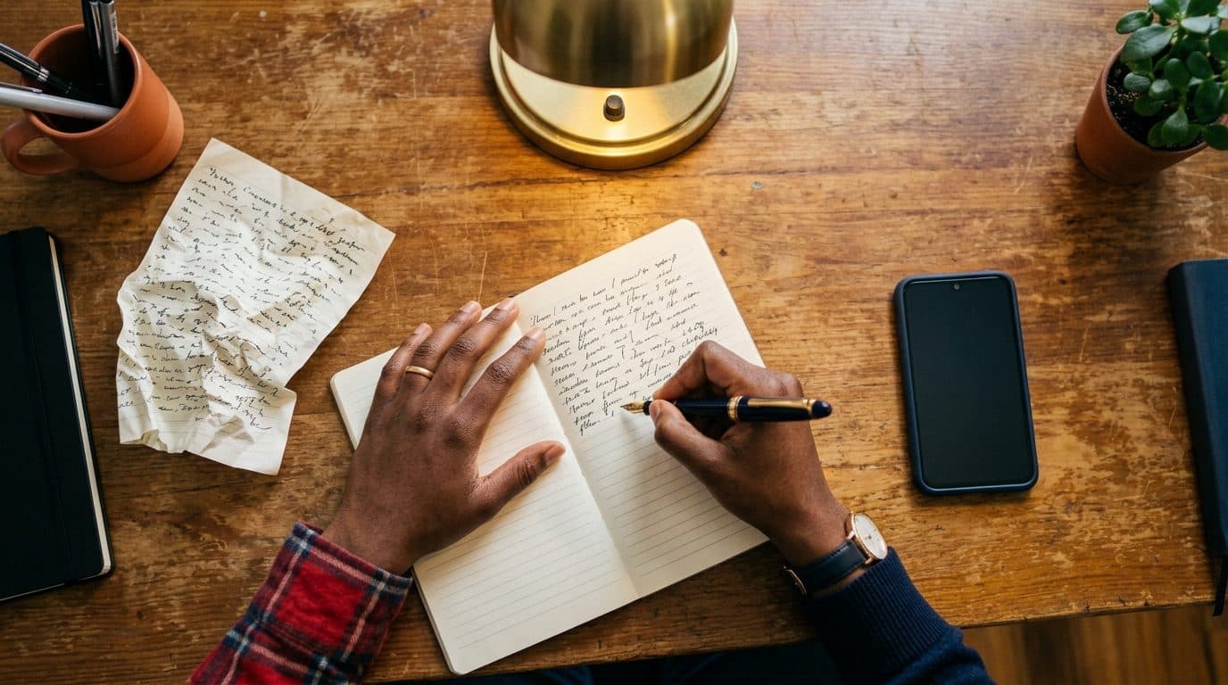 Main qui rédige un texte dans un carnet, brouillon froissé et téléphone à côté