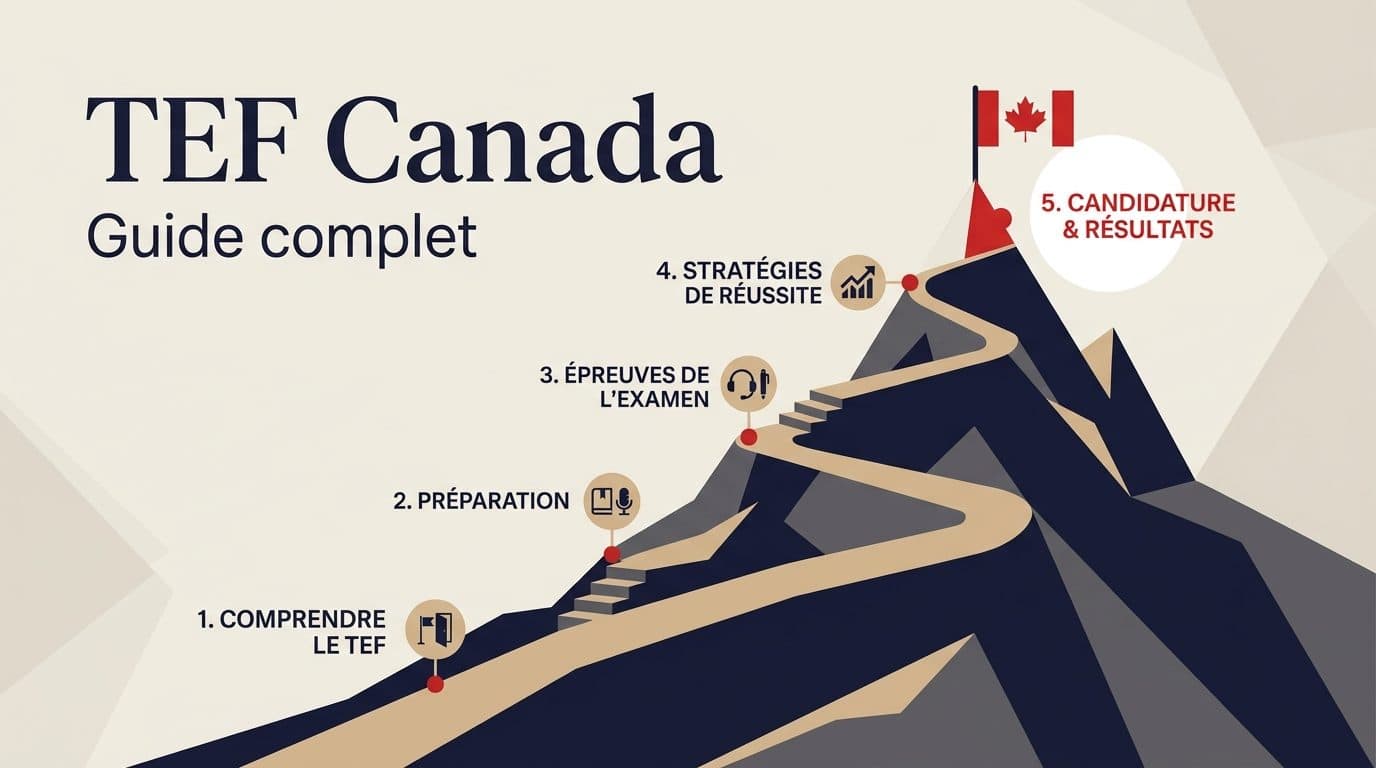 Illustration d'un chemin de montagne jalonné des étapes de préparation au TEF Canada