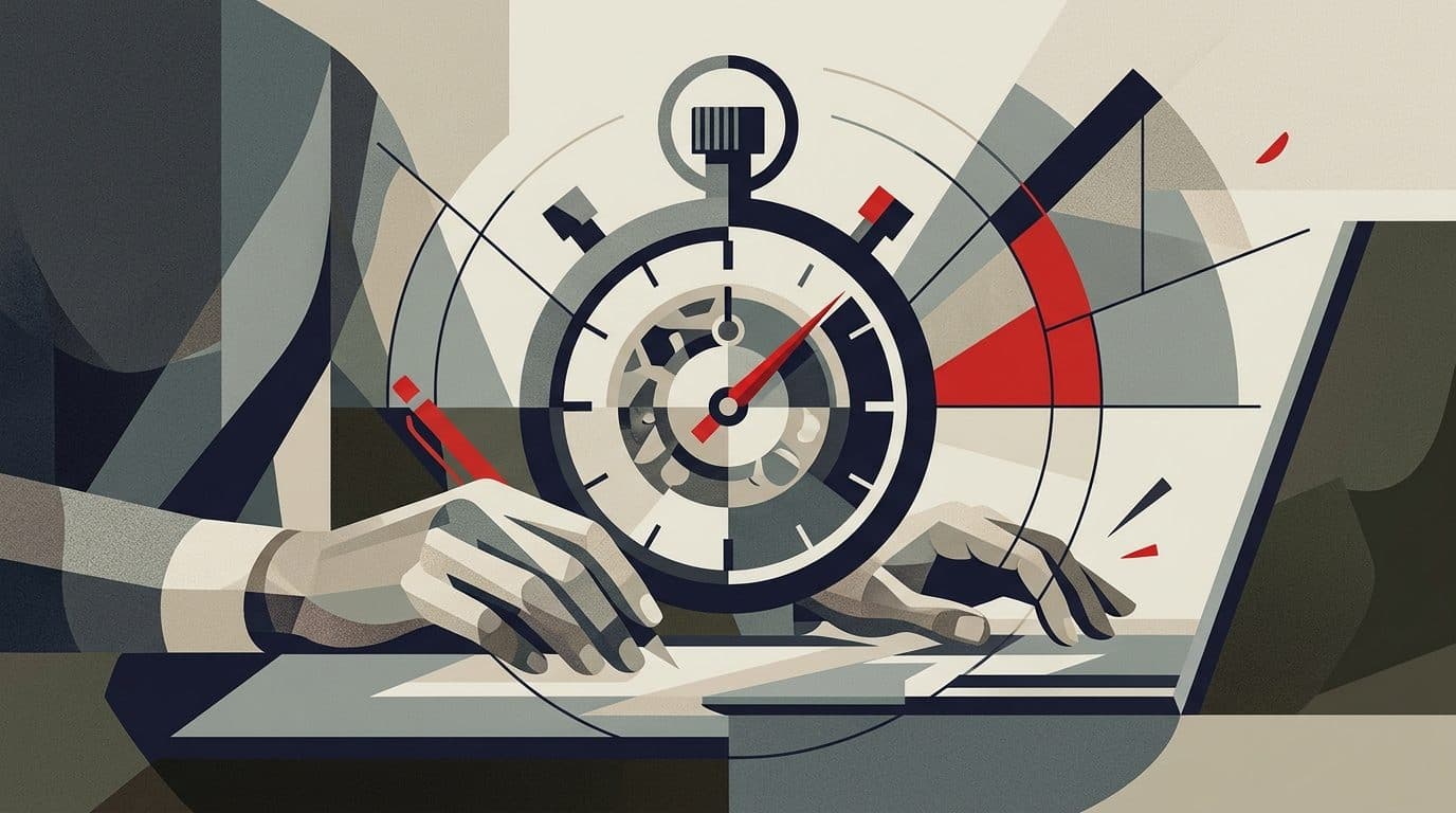 Illustration de mains posées sur un bureau autour d'un chronomètre