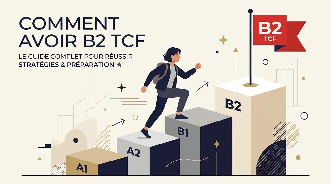 Illustration d'une personne qui monte les marches A1, A2 et B1 jusqu'au drapeau B2