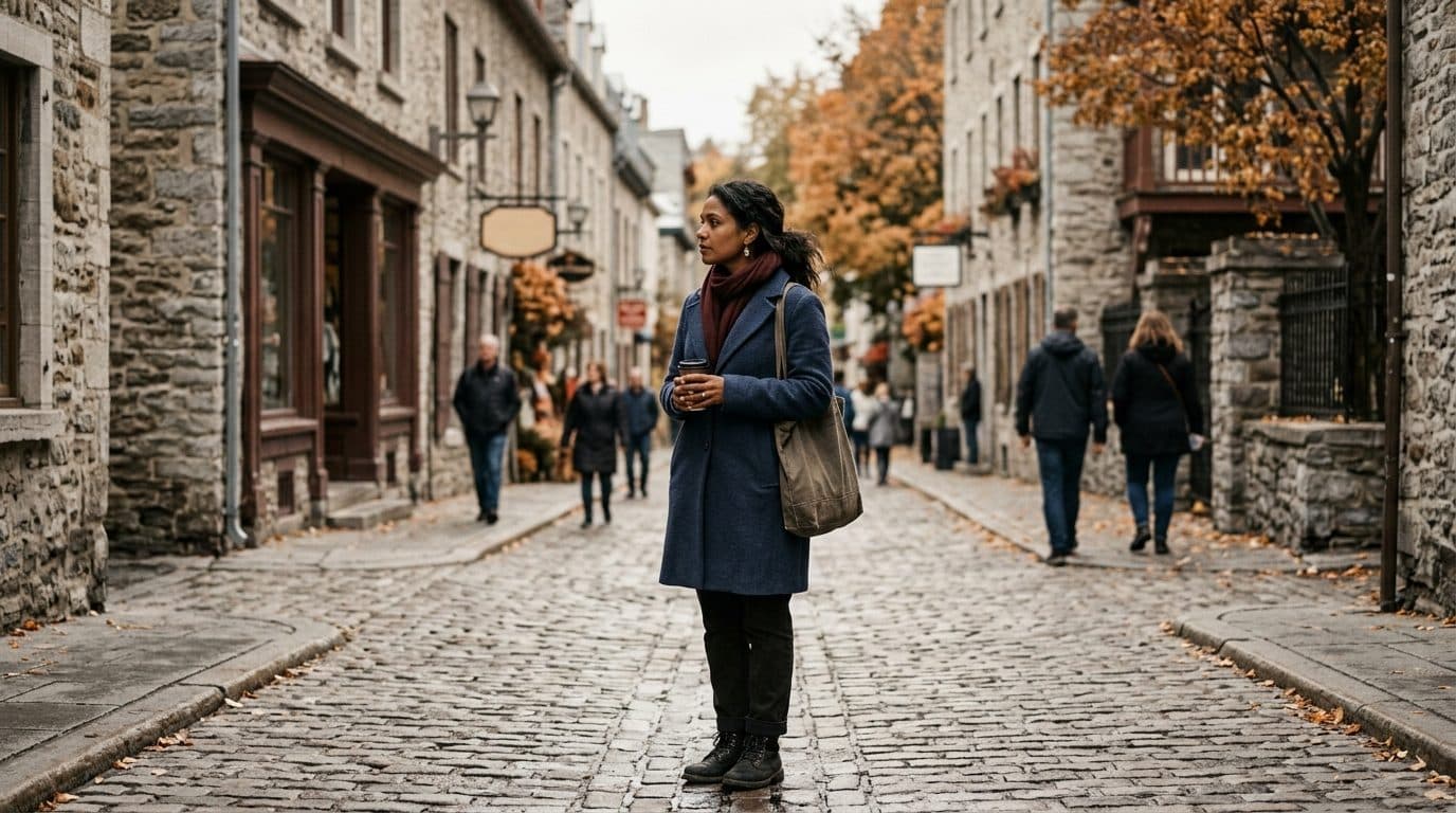 Femme debout dans une rue pavée du Vieux-Québec en automne